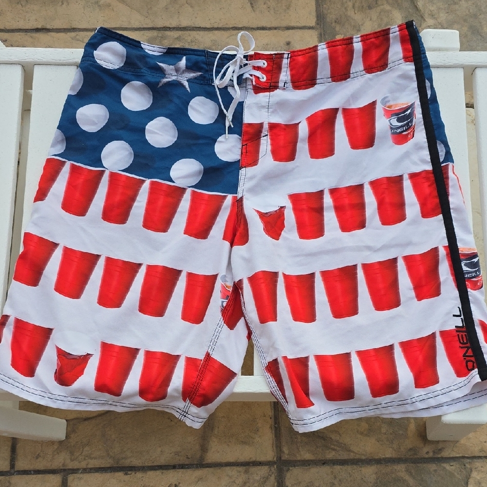 O'Neill Murca Boardshorts Featuring Red Solo Cups and American Flag Pattern